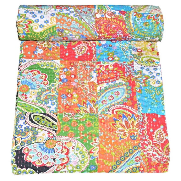 Indian Vintage Kantha Quilt Paisley Patches Cotton Kantha Throw Kantha Blanket Handmade Quilt Double Size Kantha Bedspread assorted patchwork