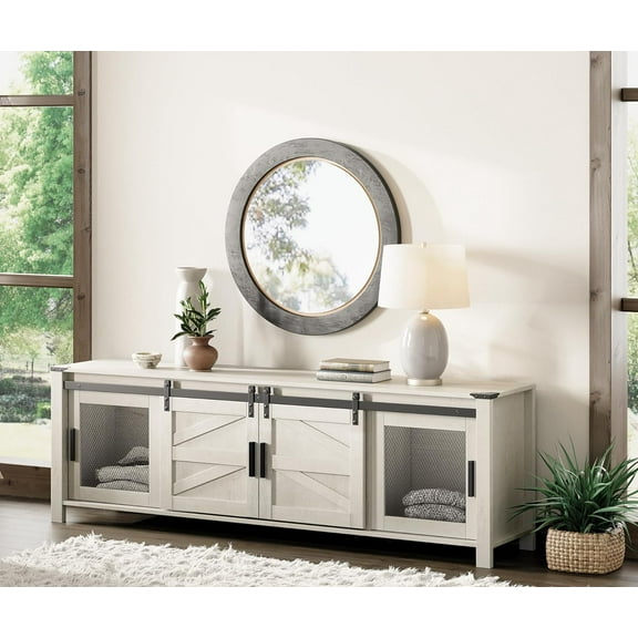WAMPAT Modern Farmhouse TV Stand with Sliding Barn Doors、 Storage Shelf Cabinets for ups to 75 inch TV, 70" Wood Entertainment Center, Media TV Console Table with for Living Room,Antique White