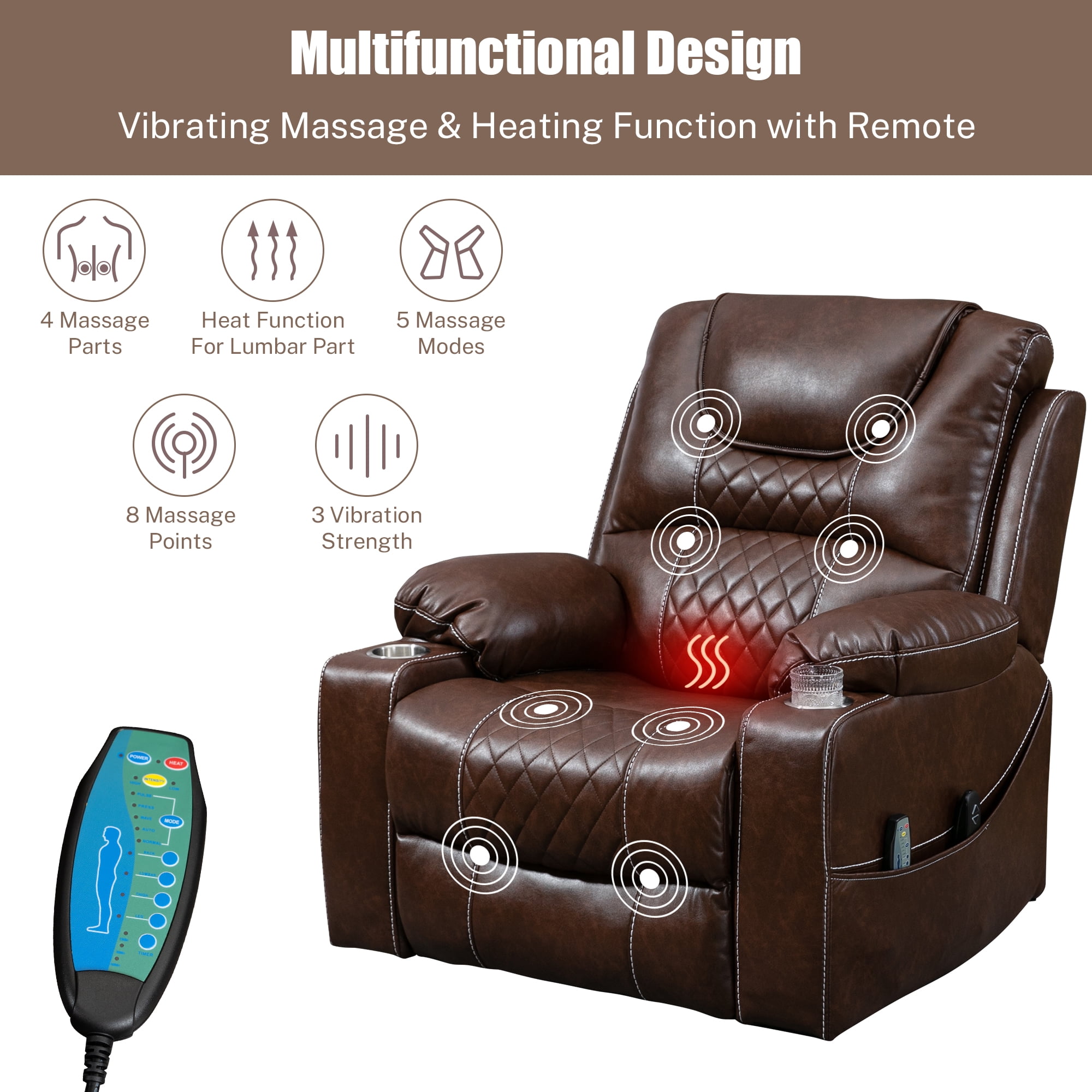 LEGAHOME Large Lift Recliner with Heated and Massage Functions, Extended Leather Lift Chair with Remotes and 2 Cup Holders, Oversized Electric Power Lounge Sofa for Elderly Big Men, Brown