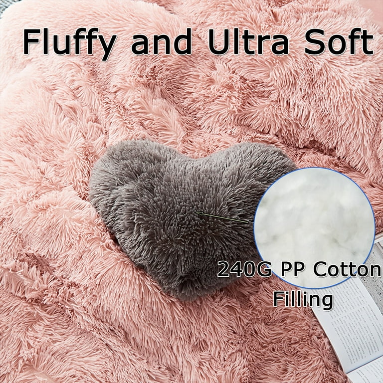 MorroMorn Fluffy Heart Throw Pillow - 14" Shaggy Faux Fur Decorative Pillow For Couch, Bed, Room Decor (Blush Pink)