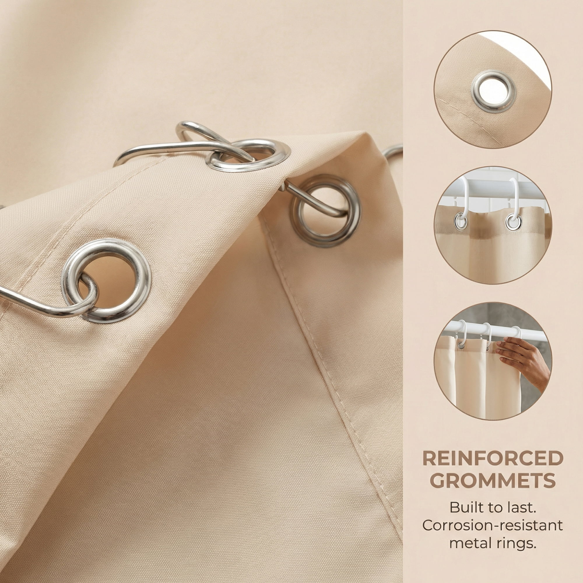Unique Bargains Solid Polyester Shower Curtain Sets with 12 Hooks Beige 71"W x 71"L
