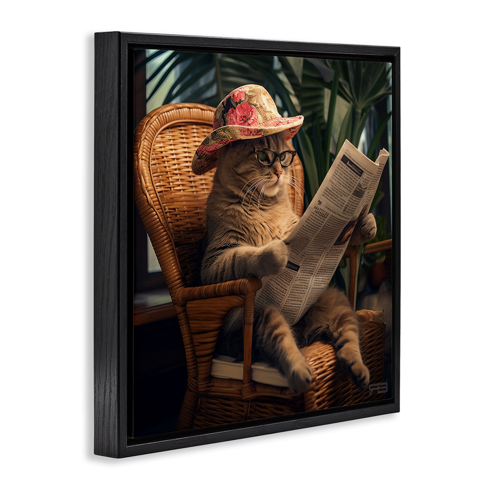 Stupell Industries Funny Cat & Newspaper Animals Painting Black Floater Framed Canvas Art Print Wall Art, 18 x 18