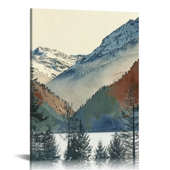 ONETECH Framed Mountain Canvas Wall Art, Boho Watercolor Poster Prints Painting, Sun Forest Abstract Nature Landscape Artwork Wall Decor for Living Room, Bedroom 12x16 in