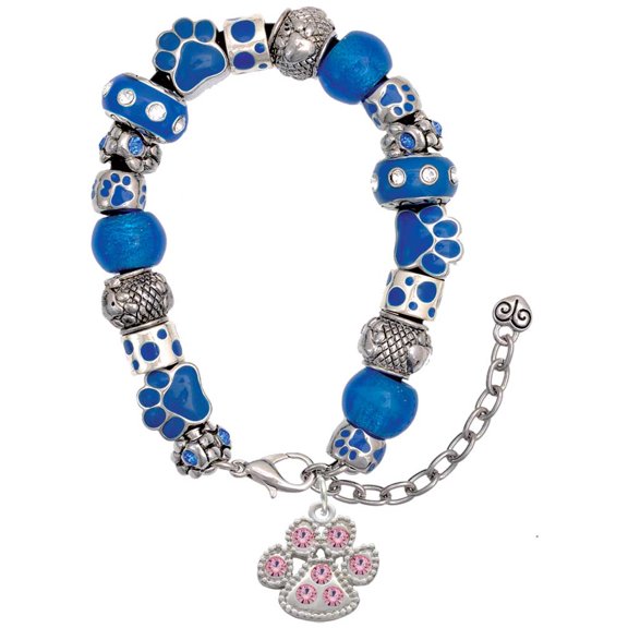 Delight Jewelry Silvertone Large Paw with Light Pink Crystals Blue Paw Print Bead Bracelet, 7" 2"