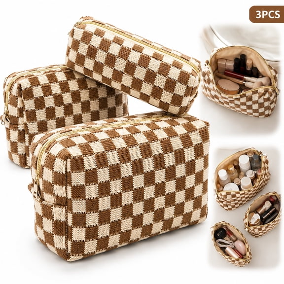 Rongsi 3Pcs Checkered Makeup Bag for Women Large Cosmetic Bag Set Travel Toiletry Bag Makeup Pouch Bag for Purse Brown Zipper Storage Bag Organizer Cute Car Essentials Bag