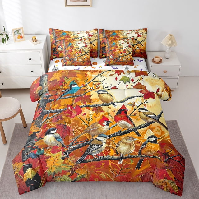 Happy Fall Autumn Bedding King, Thanksgiving Autumn Maple Tree Birds Bed Set For Kids Fall Cardinal Bird Comforter + Flat Sheet + Fitted Sheet + 2 Pillowcases + 2 Throw Pillow Covers