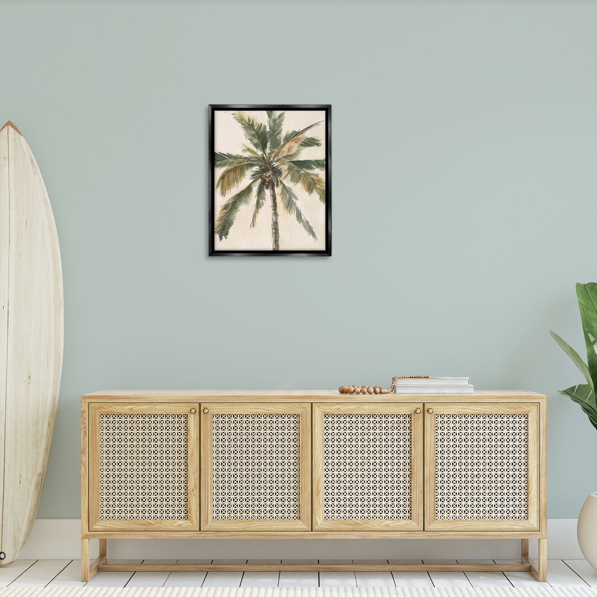 Stupell Industries Palm Tree on Beige Plants & Flowers Painting Black Floater Framed Canvas Art Print Wall Art, 25 x 31