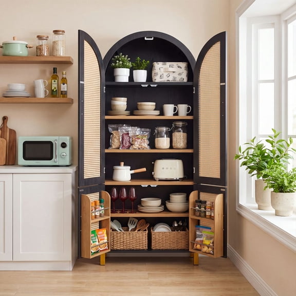 MIDOQIN 71" Tall Arched Kitchen Pantry, Kitchens Storage Cabinets Cupboard with 4 Rattan Doors, Adjustable Shelves & Built-In Racks for Kitchen, Dining Room, Living Room, Black