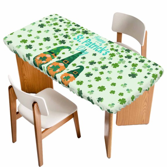 Happy St. Patrick's Day Table Cloths for 3 Foot Rectangle Tables, Green Gnomes Lucky Leaves Clovers Patio Waterproof Elastic Fitted Tablecloths, Washable Rectangular Table Cover for Camping
