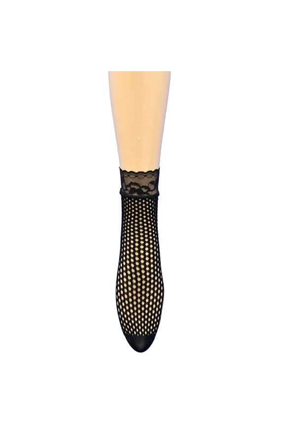 Womens Fishnet Ankle Socks with Lace Cuff | Breathable Mesh One Size Fits 5-9 Solid Black