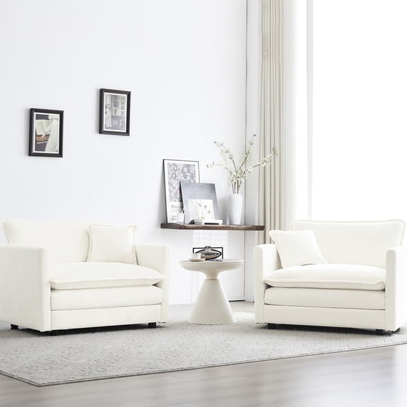 2 White Accent Chair , High Chenille Upholstered Living Room Armchairs With Pillow, Robust Solid Wood Base, Sponge, Breathable Upholstery Fabric (2 Chairs), Upholstery, Side Seating Frame, Fabric,