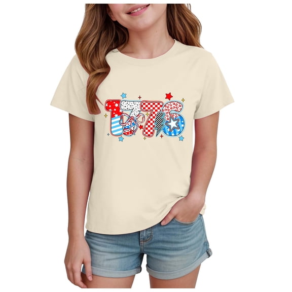 Ketyyh-chn99 Tween Girl 4th of July American Flag Tee Girls Summer Comfortable Breathable Independent Day Top Size for 13-14 Years,Beige