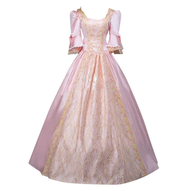 Gibobby Vestido elegante Vestido de mujer Estilo retro Color sólido Manga trompeta Vestido largo de princesa(Rosa, M)