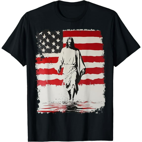 Jesus with American Flag T-Shirt,Black