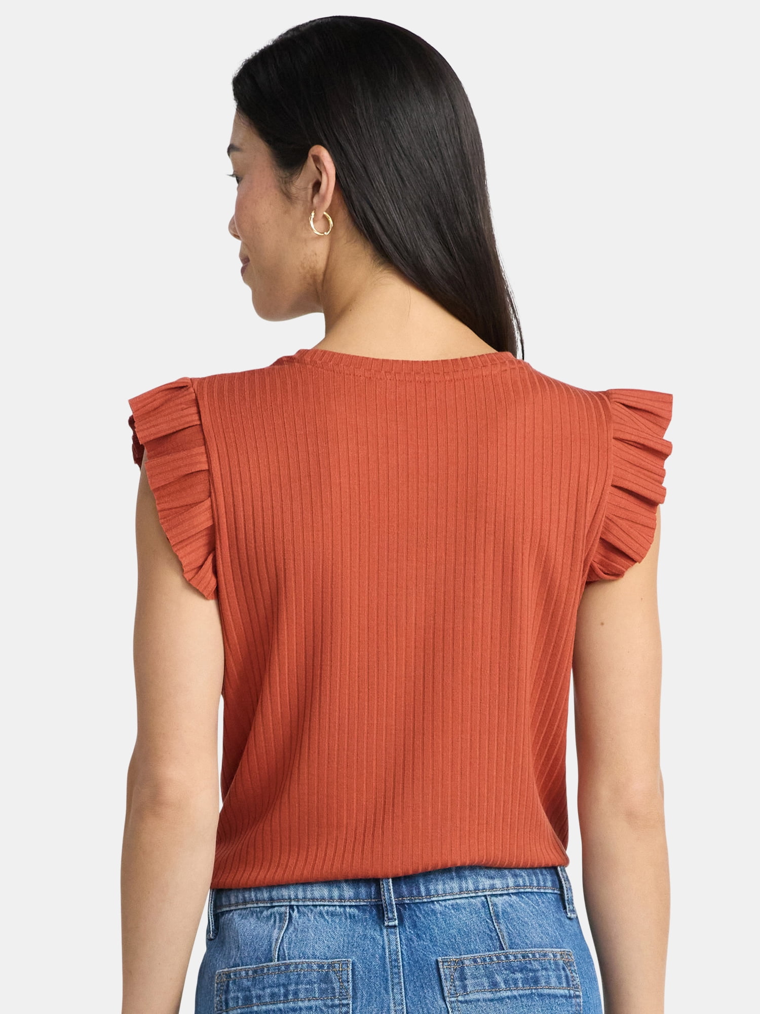 Time and Tru Women's Rib Ruffle Sleeve Top, Sizes XS-XXXL