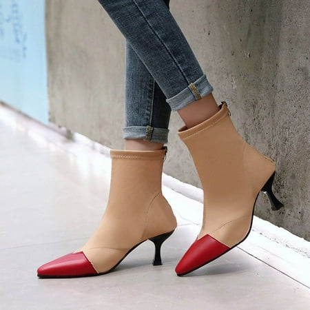 

TALKVE Fashion Stitching Elastic Boots Retro Small Square Toe Back Zipper Ankle Boots
