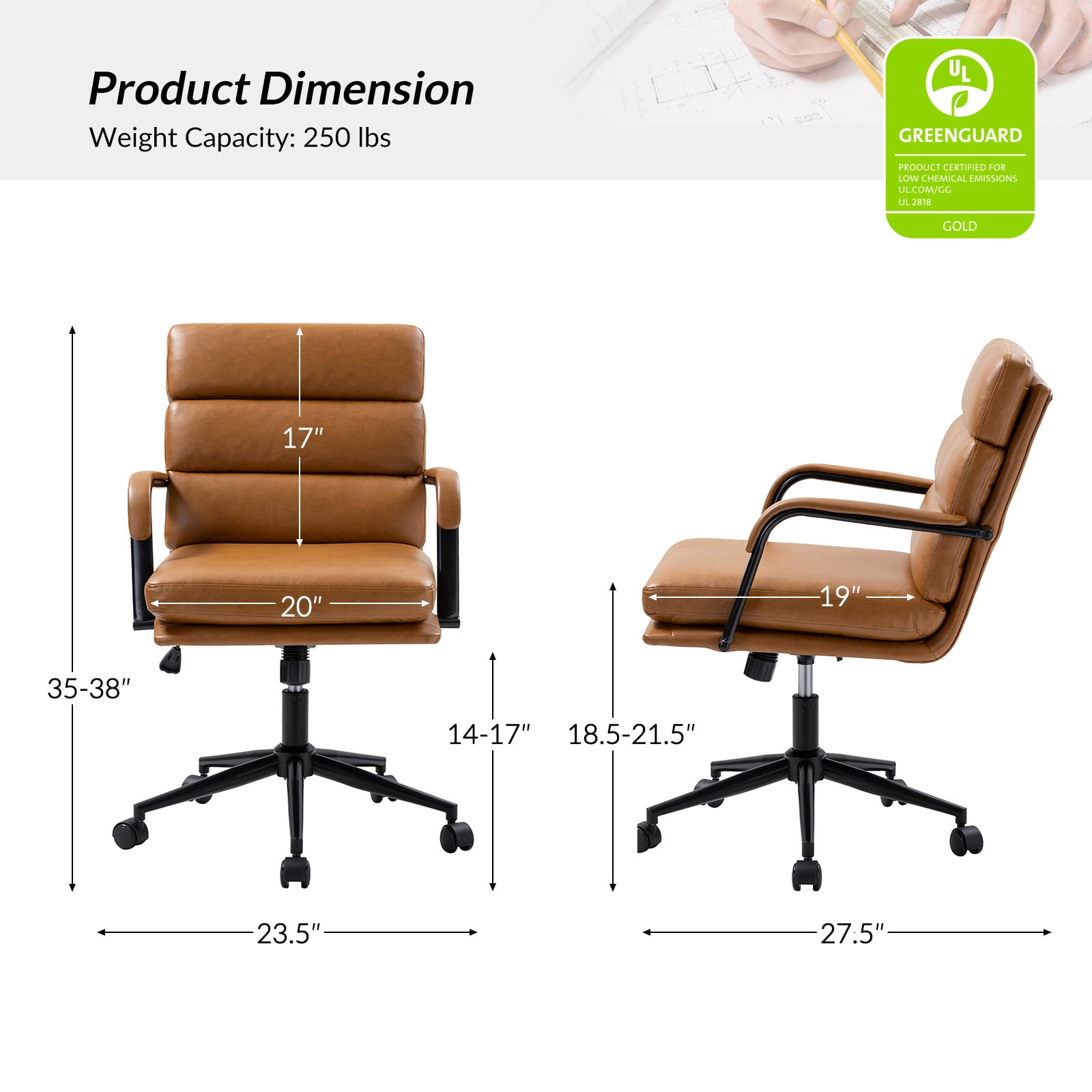 Faux Leather Home Office Chair, Swivel Task Desk Chair with Padded Cushion  Camel