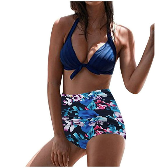 QLEICOM Women's Swimsuits High Waisted Tummy Control Swimwear Fashion Bikini Set Swimsuit Two Piece Filled Swimwear Hard Pack Steel Support Beachwear Blue M