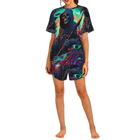 Women s Short Sleeve Pajama Set 2-Piece Loungewear Sleepwear Top and Shorts Grim Reaper Dark Psychedelic Death