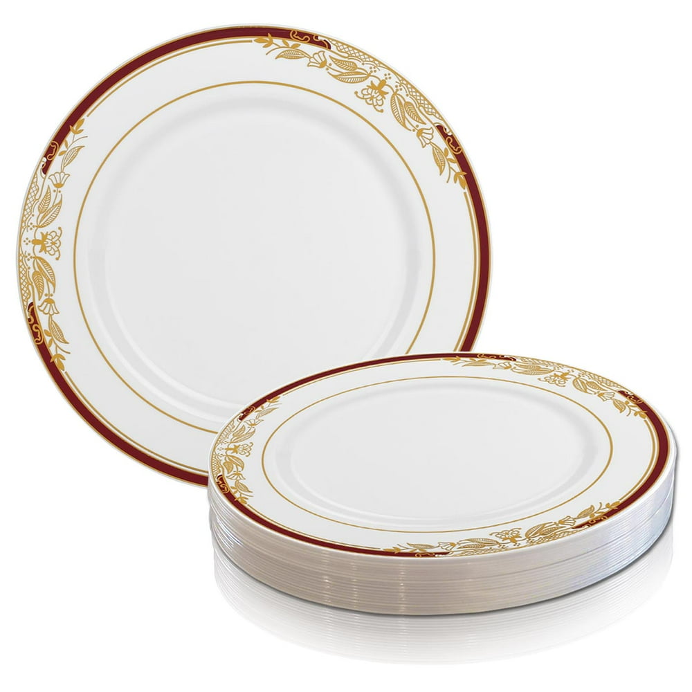 Smarty 10.25" White Burgundy Gold Harmony Rim Plastic Dinner Plates