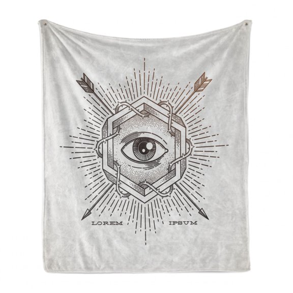 Occult Soft Flannel Fleece Throw Blanket, Third Eye in Geometric Hexagon with Grunge Effects and Arrows Inspirations Print, Cozy Plush for Indoor and Outdoor Use, 50" x 60", Beige, by Ambesonne