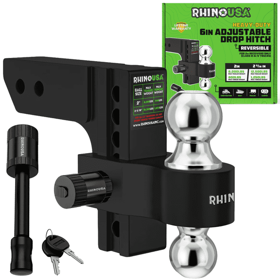 Rhino USA Heavy Duty 6" Adjustable Drop Hitch, Fits 2" Receiver, Dual Ball 2" & 2-5/16", Aluminum