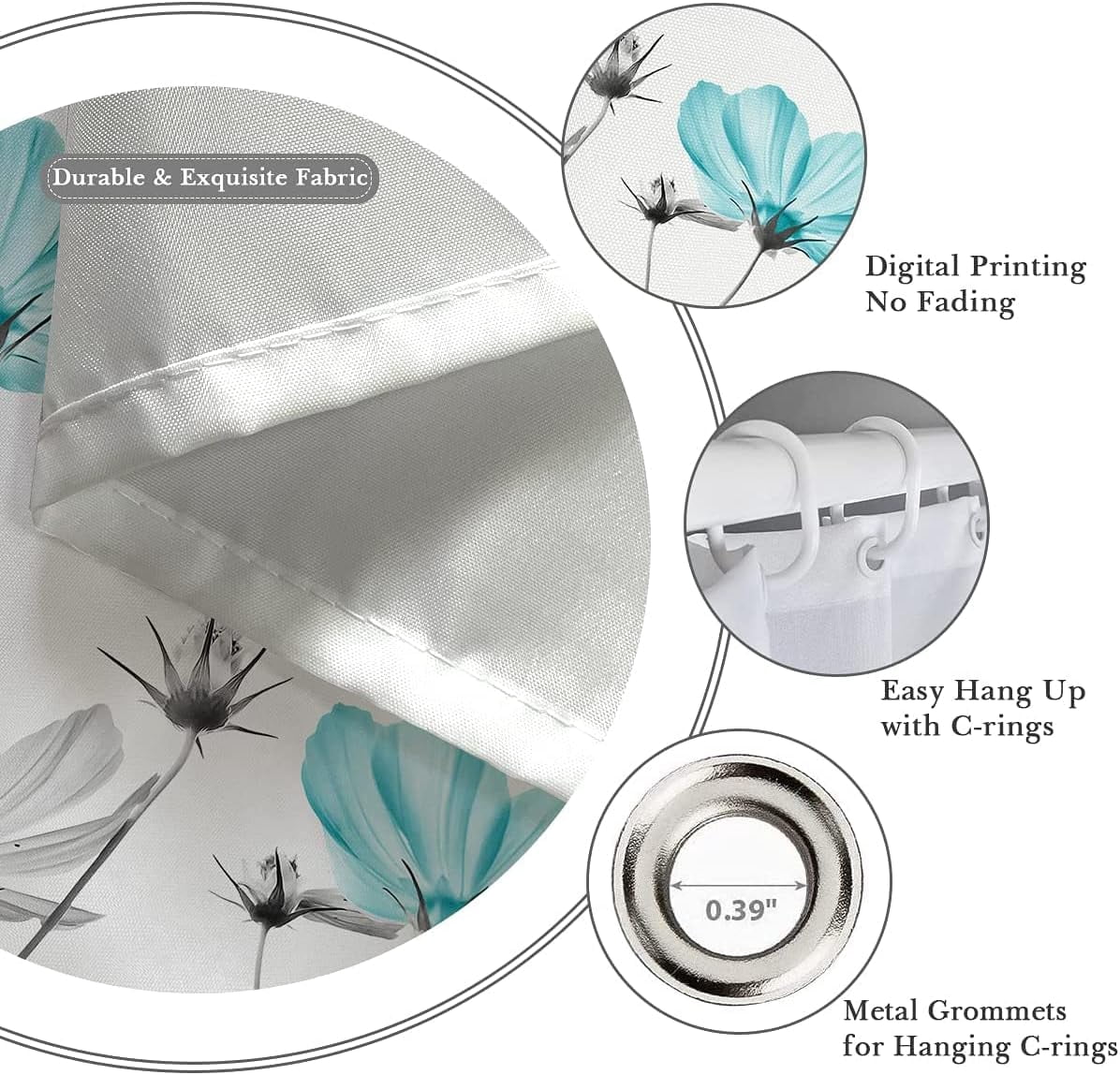 Teal Gray Floral Shower Curtain 72''''W x 72''''L Daisy Elegant Flower Grey Cute Wildflower Botanical Bathroom Curtains Accessories Polyester Fabric Waterproof 12 Pack Hooks