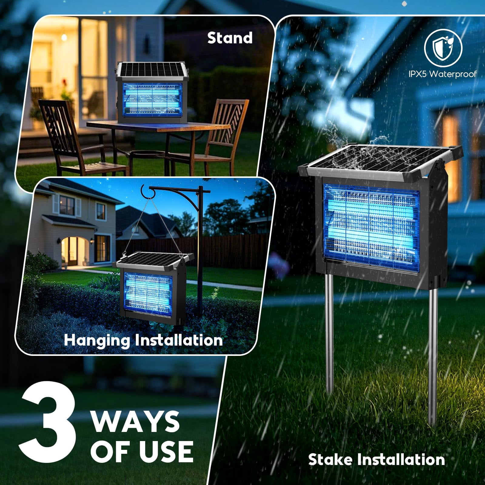 Solar Zapper Outdoor  Mosquito 4500v Cordless Waterproof Auto On/off Portable Type-c & Electric Fly Killer For Patio Garage Yard Camping