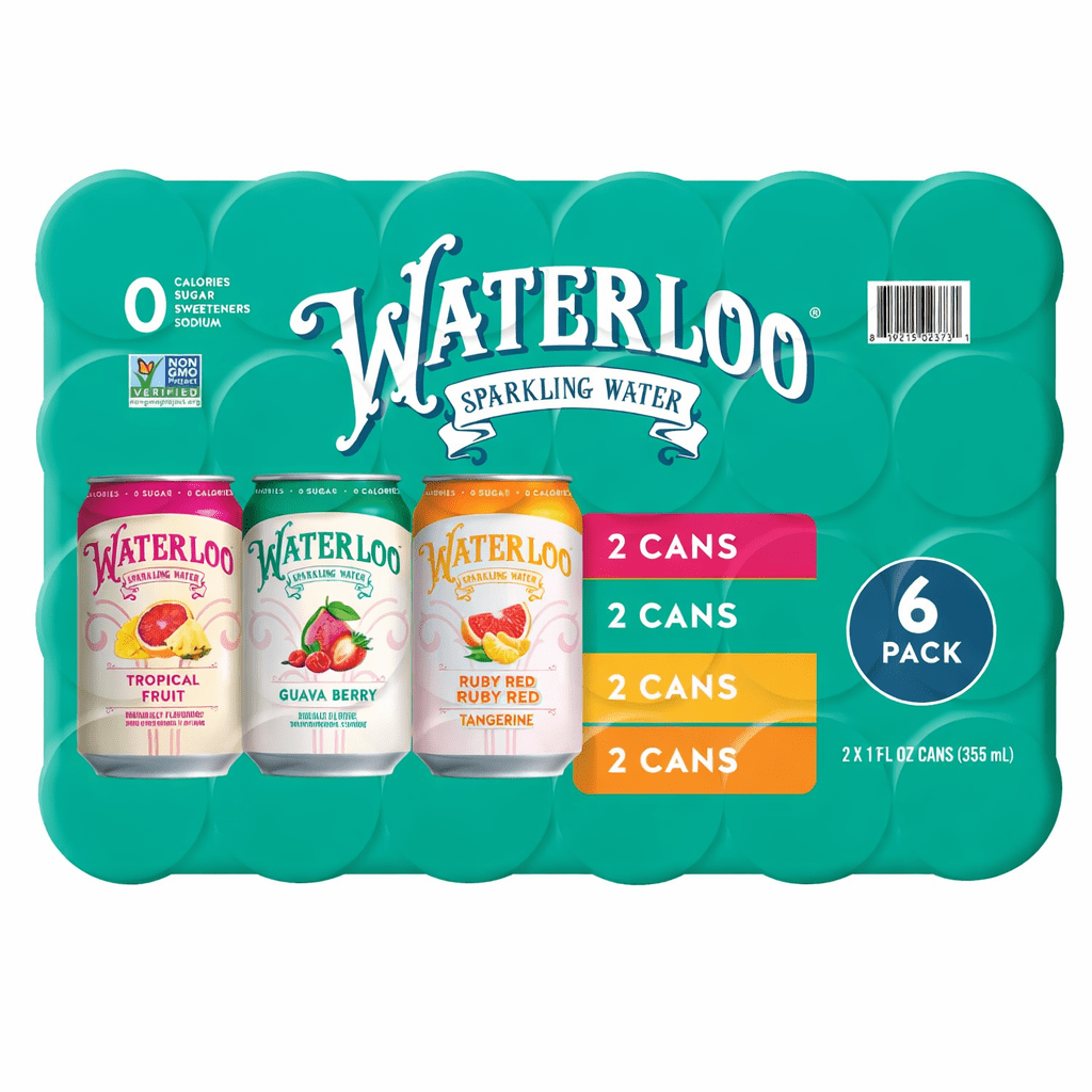 Waterloo Sparkling Water Variety Pack, Tropical Fruit, Guava Berry & Ruby Red Tangerine 12 fl oz Cans, (6 Pack)