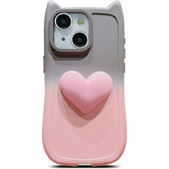 for iPhone 15 Plus/14 Plus Case 6.7" for Women Cute 3D Love Heart Kawaii Cat Ear Gradient Color Soft Silicone Shockproof Protective Arc Edge Bumper Aesthetic Phone Cover (Brown Pink)