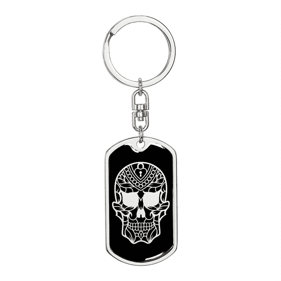 Calavera Mexican Sugar Skull 146 Stainless Steel or 18k Gold Premium Swivel Dog Tag Keychain