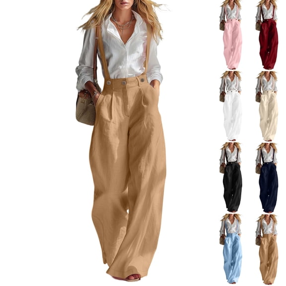 VBVC Women's Suspender Wide Leg Pants,High Waisted Button Front Trousers For Women,Ladies Lightweight Summer Work Overalls Pants with Pockets,Navy,S-2XL