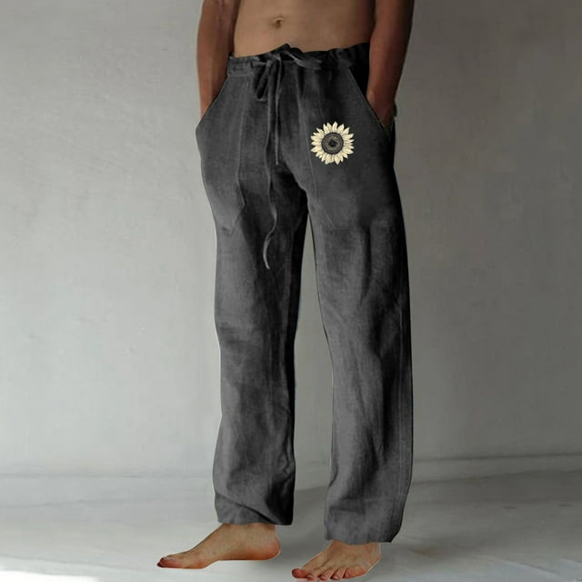 Leodye Men's Sunflower Print Elastic Waist Drawstring Pants Loose Straight Leg Pants with Pockets Dark Gray L(L)