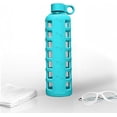 thumbnail image 4 of purifyou Premium 40/32 / 22/12 oz Reusable Glass Water Bottles with Time and Volume Markings, Non-Slip Silicone Sleeve & Stainless Steel Lid Insert, for Water, Milk, Fruit Juice (32oz Aqua Blue), 4 of 5