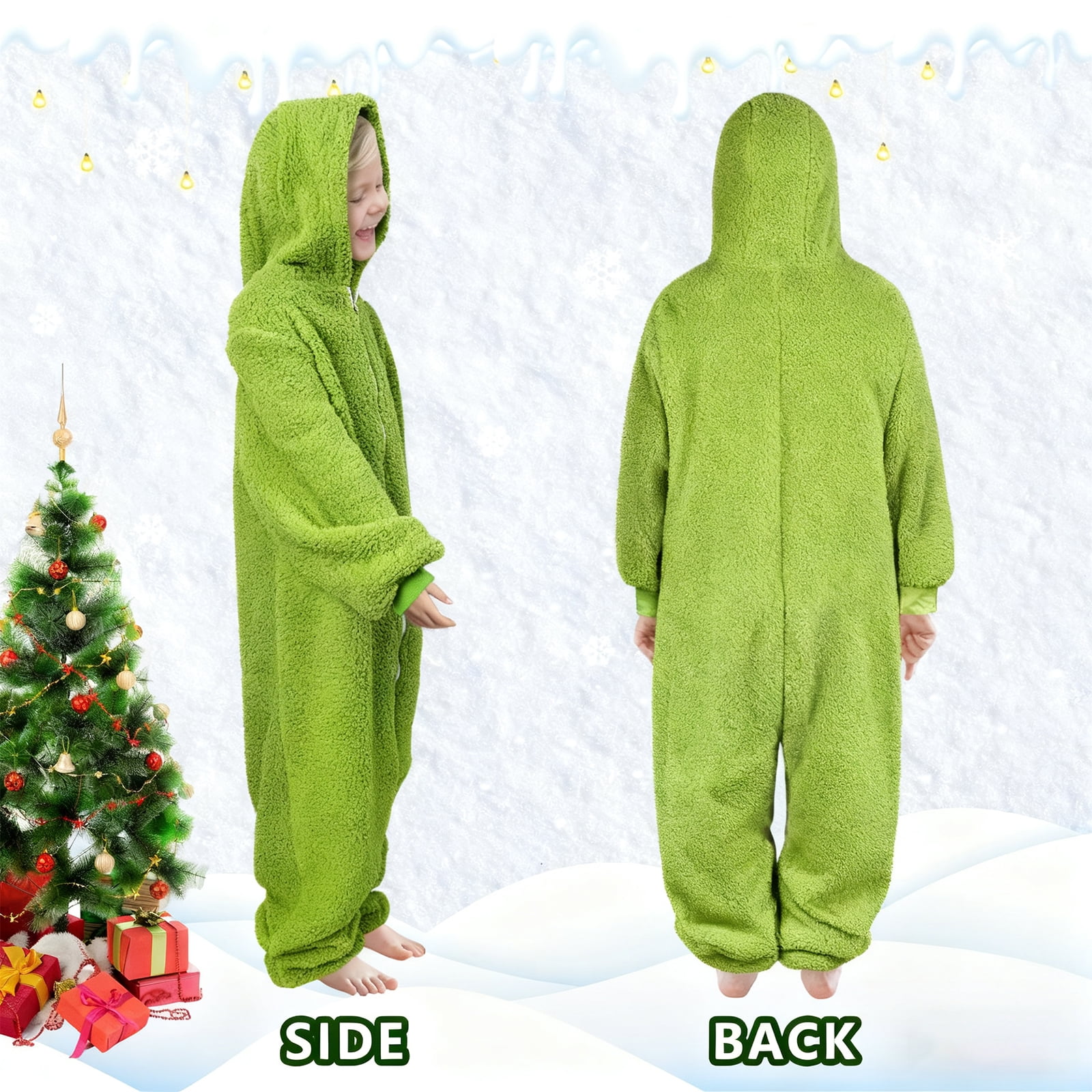 Green Pajamas Onesie Jumpsuit with Zipper Thick Green Elf PJs Sleepwear for Family Christmas