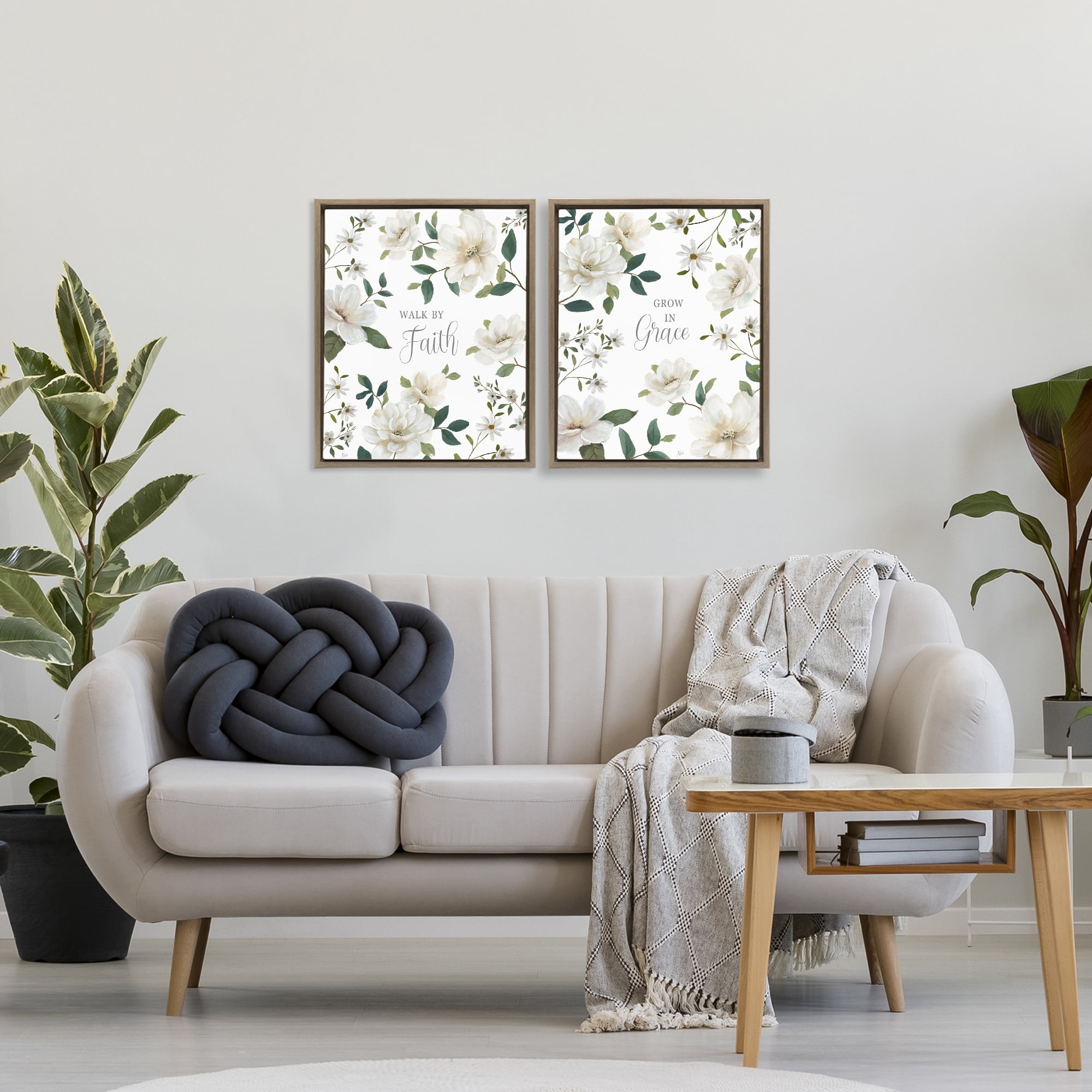 Stupell Industries Spiritual Faith Sayings with Florals 2 Piece Brown Framed Floater Canvas Set, design by Nan