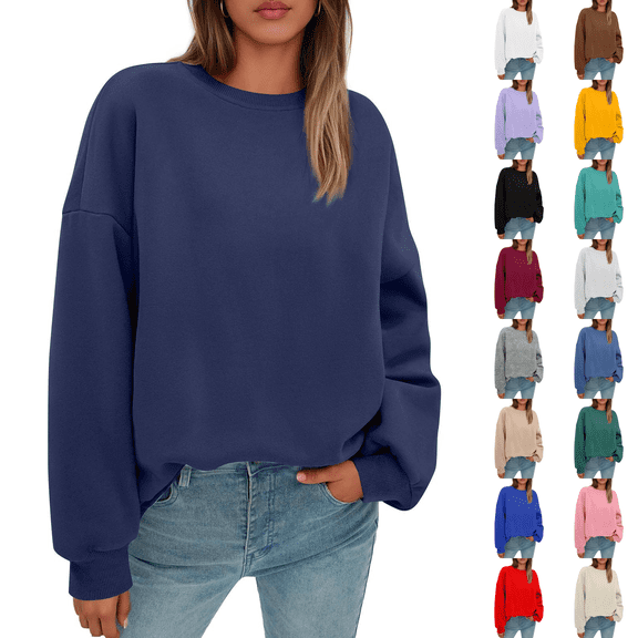 Oversized Sweatshirts Hoodies Fleece Crewneck Sweaters Womens Casual Tops Comfy Fall Fashion Outfits Winter Clothes 2026 Dark Blue S