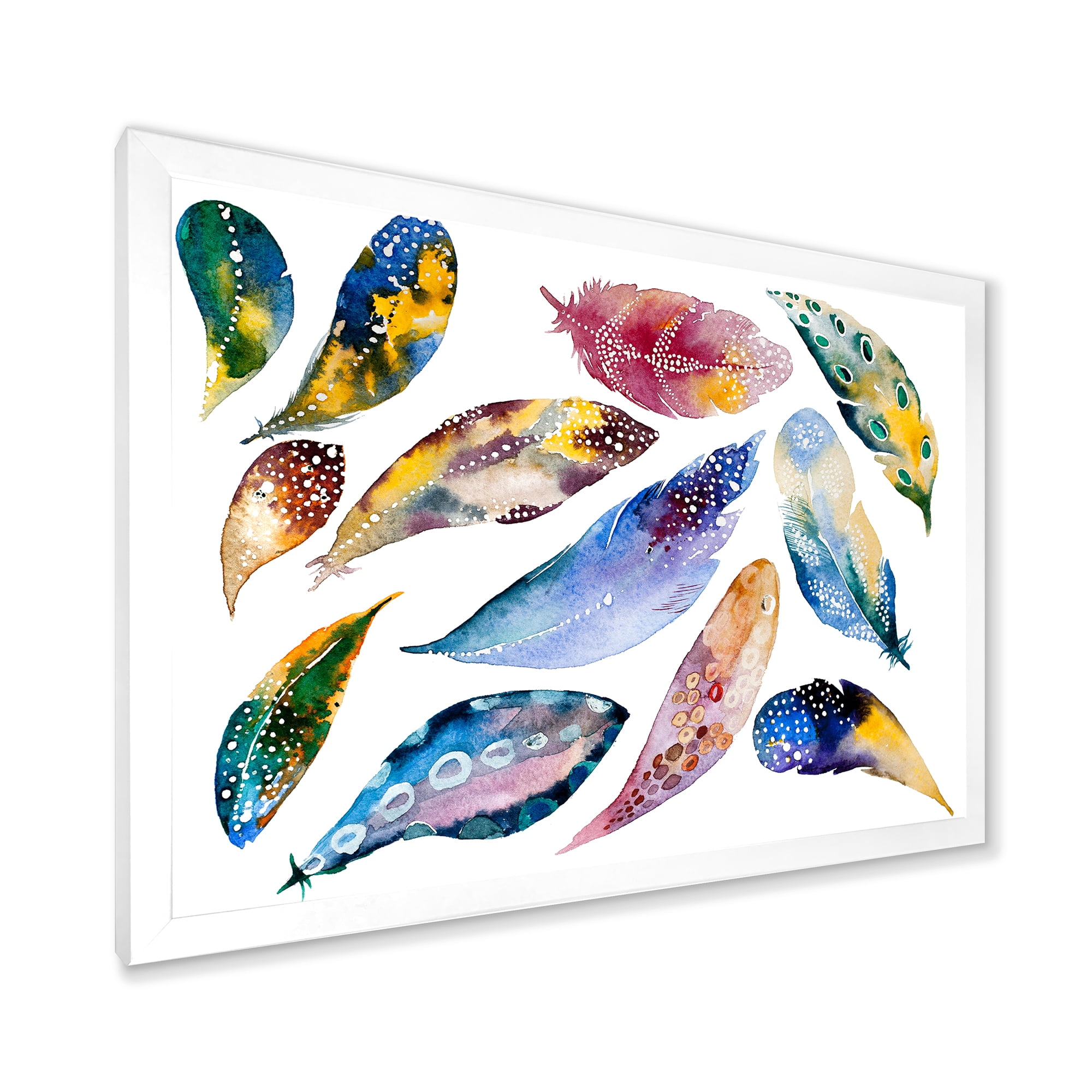 Designart 'Colourful Boho Feather Set On White VI' Bohemian & Eclectic Framed Art Print