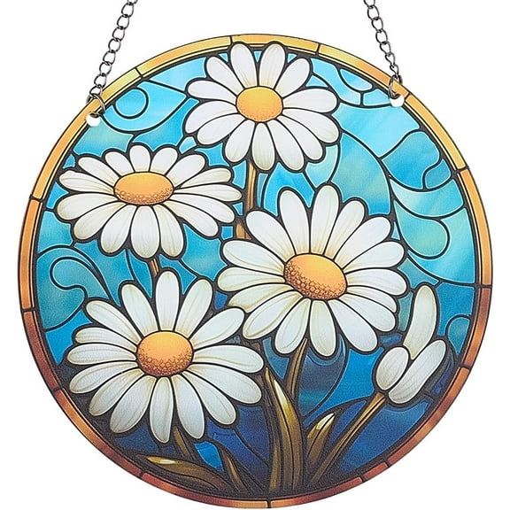 Flower Suncatcher Stained Glass Window Hangings Acrylic Window Suncatcher Panel Decor White Blue Flower Wall Art Stained Glass Sun Catcher for Windows Hangings Ornament Gift 6x6Inch