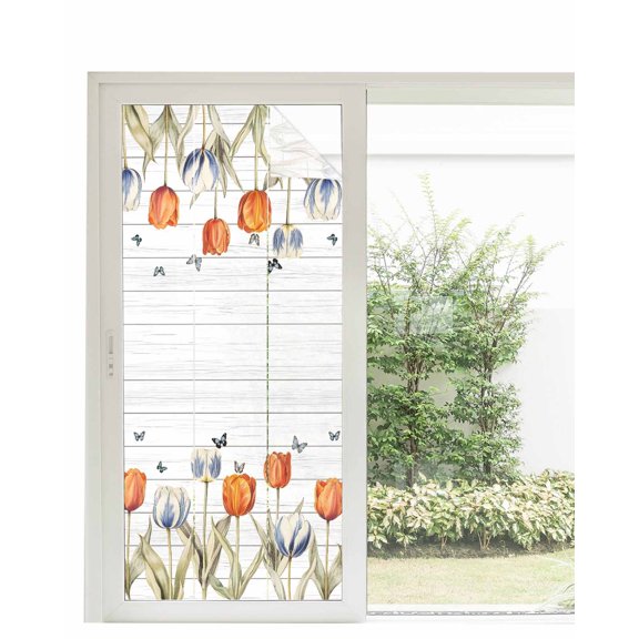 Window Privacy Film Orange Flower Stained Glass Window Film Decorative Sun Block Window Cover Blue Tulip Butterfly Wood Grain White Window Clings Static Adhesive Sticker for Bathroom 35.4"x78.7"