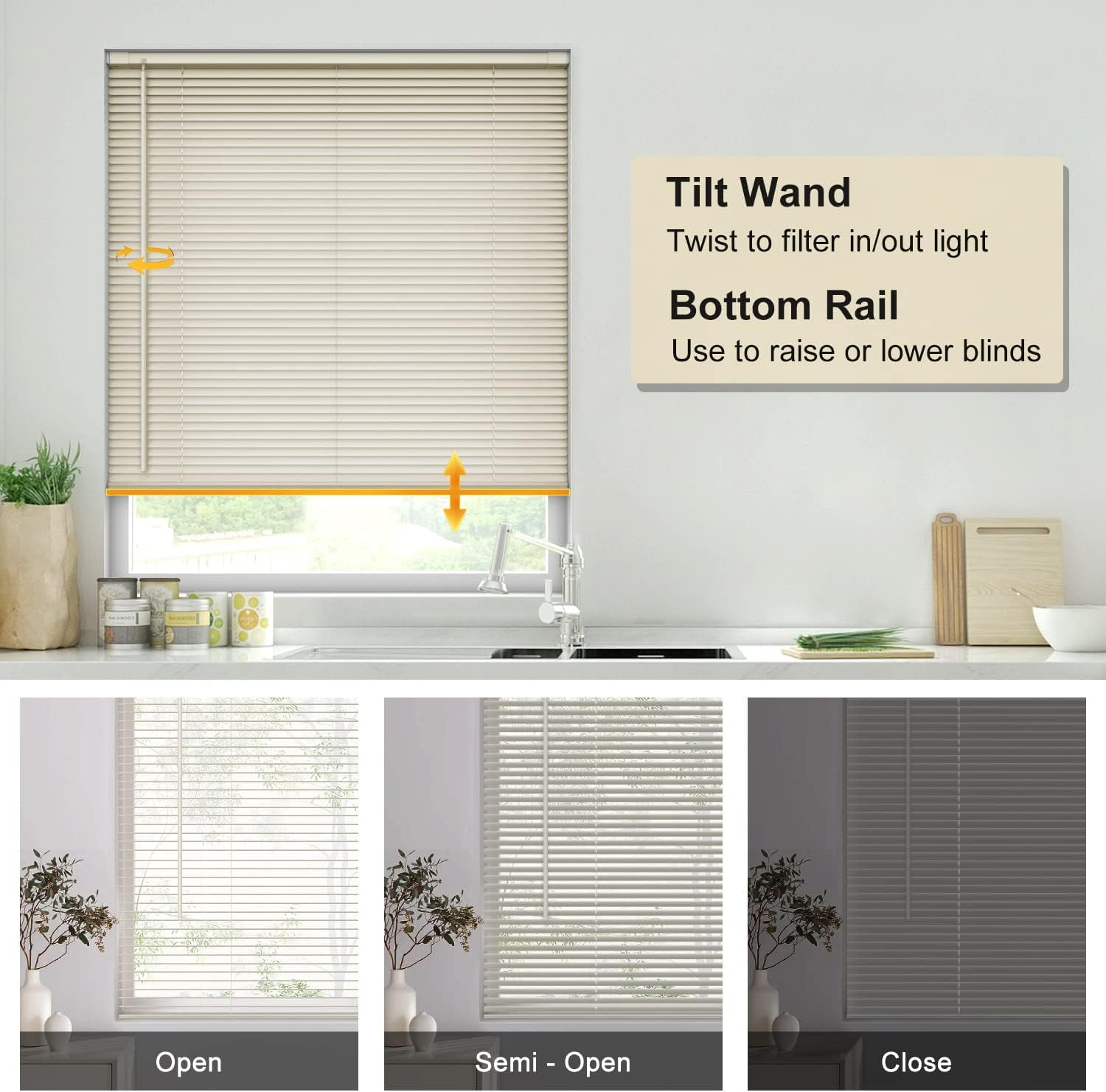 LazBlinds Cordless No Tools-No Drill 1" Vinyl Horizontal Mini Blinds, Light Filtering Blinds for Windows, Blinds & Shades for Window, 20" W x 64" H, Cream