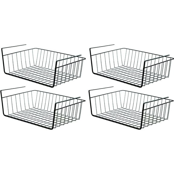 4 Pack White Under Shelf Wire Basket Hanging Storage Baskets, Under Cabinet Add-on Storage Racks Slide-in Baskets Organizer for Kitchen Pantry Desk Bookshelf
