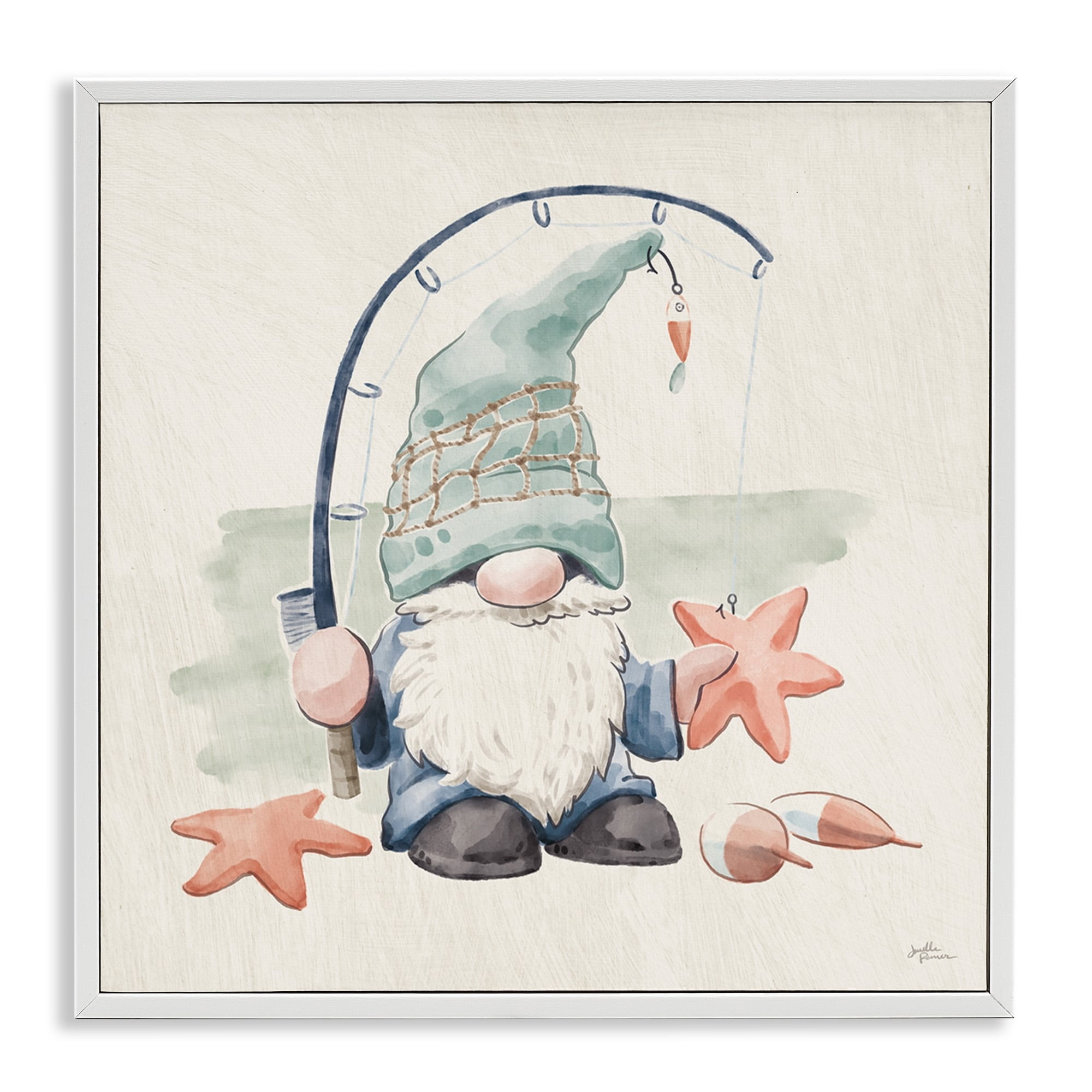 Stupell Industries Summer Beach Fishing Gnome Holding Starfish Watercolor Illustration , 17 x 17, Design by Janelle Penner