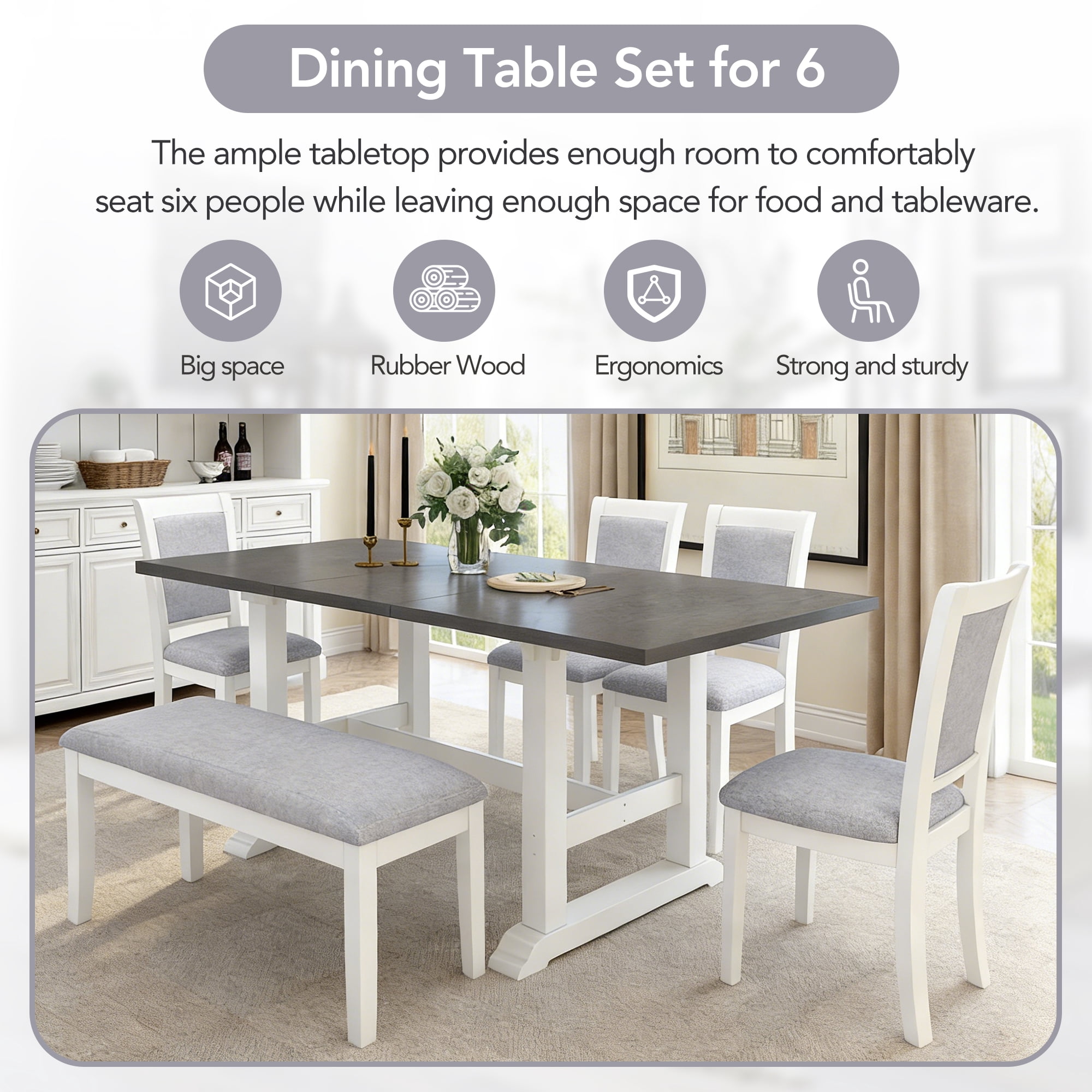 6-Piece Dining Table Set for 6, 76.9" Extendable Dining Table with Removable Leaf, 4 Chair and Bench