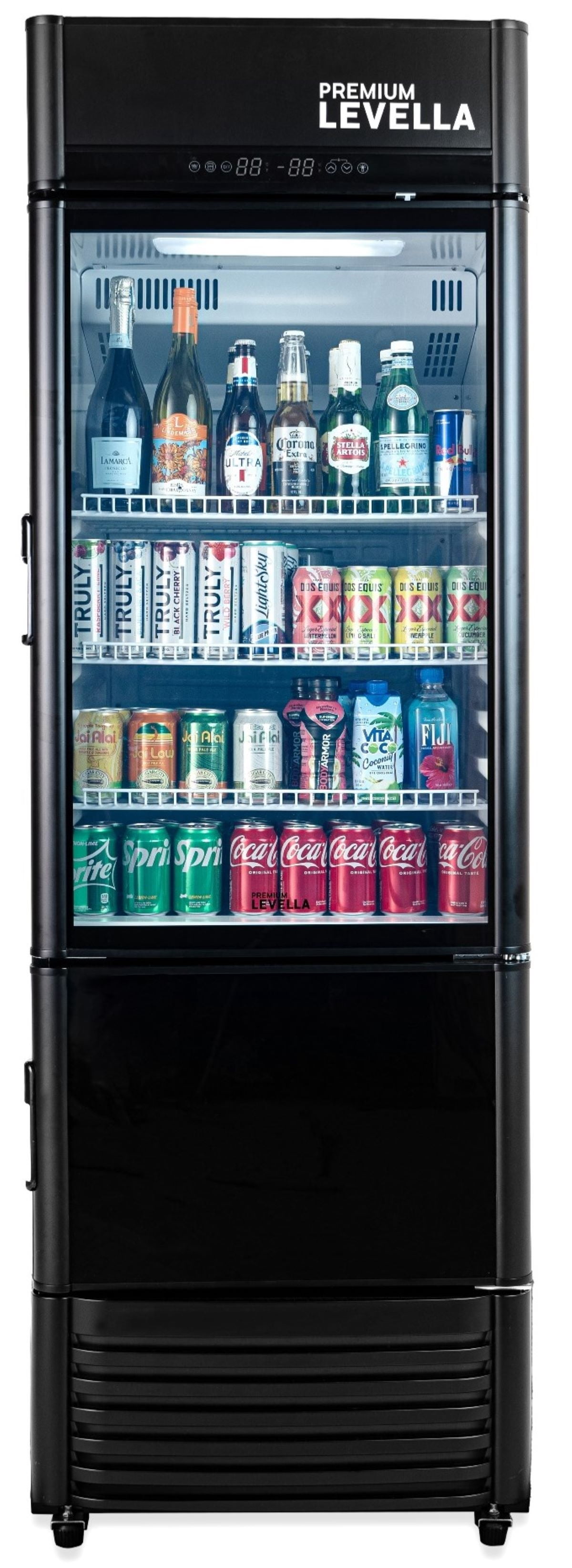 Premium Levella PRFIM1257DX Single Glass Door Merchandiser Refrigerator-Freezer with Automatic Ice Maker Display Beverage Cooler-12.5 cu ft-Black