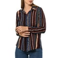 thumbnail image 4 of QAFOPEH Women Striped Geometric Print Lapel Collar Long Sleeve Single Breasted Boho Shirt, 4 of 7