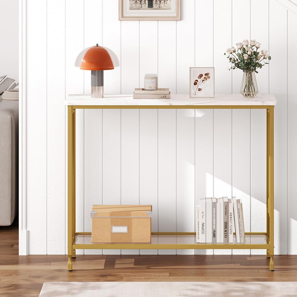 Console Table, Sofa Tables Narrow Entryway Table with Glass Shelf and Metal Frame, 33.5" Behind Couch Table Industrial Hallway Table for Living Room, Foyer, Bedroom, Modern Gold