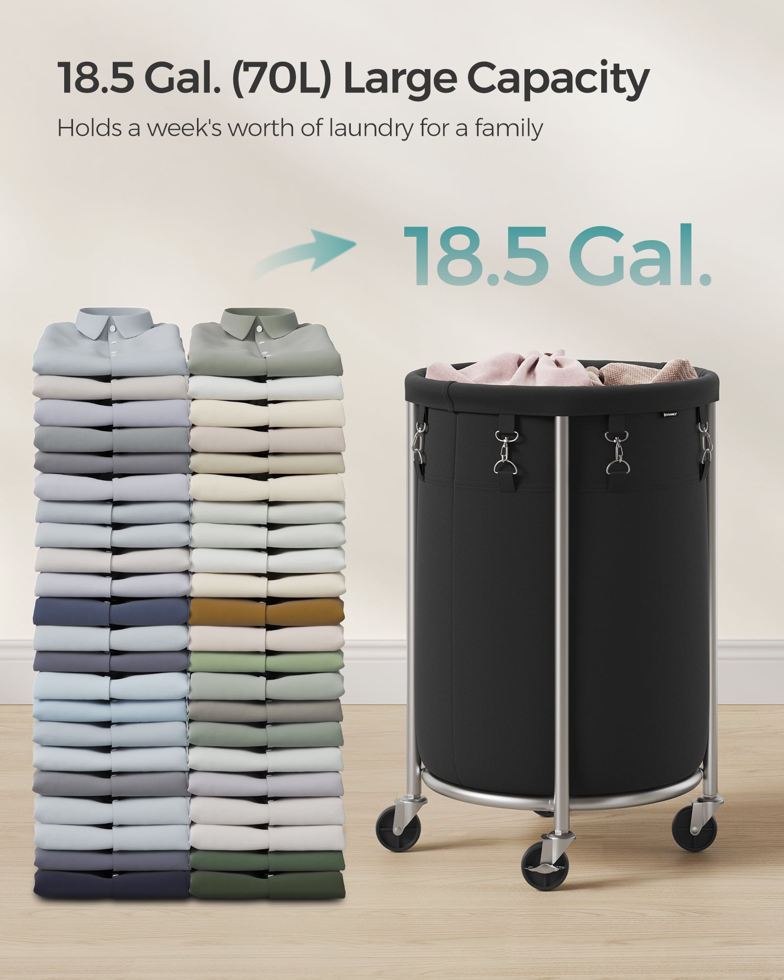 18.5Gal Laundry Hamper with Wheels Round Rolling Laundry Sorter Laundry Cart with Removable Bag for Laundry Room Black and Silver