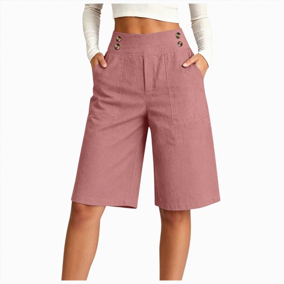 felwors Womens Casual Bermuda Shorts Knee Length Wide Leg 2 Pockets Brown for Size M