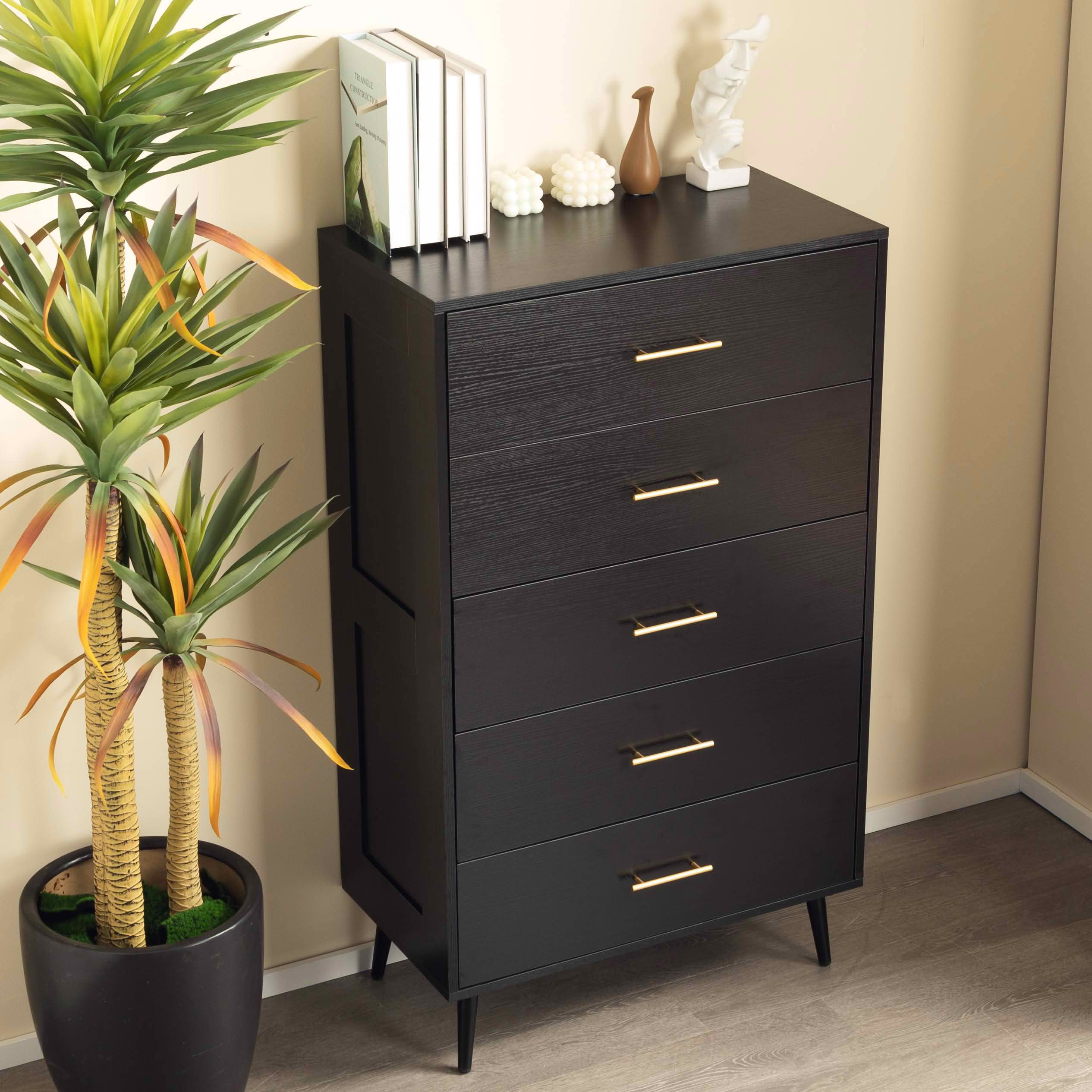 MAYEERTY 5-Drawer Chest, Modern Ash Wood Grain Storage Cabinet with Gold Metal Handles Tapered Legs